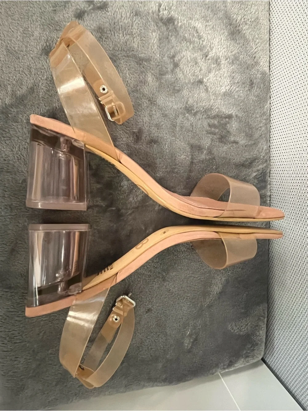 Gianni Bini Clear Block Heel Vinyl Strap Sandals in Nude. Padded footbed. 7.5